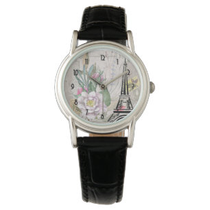Vintage Flower Collage & Eiffel Tower Illustration Watch