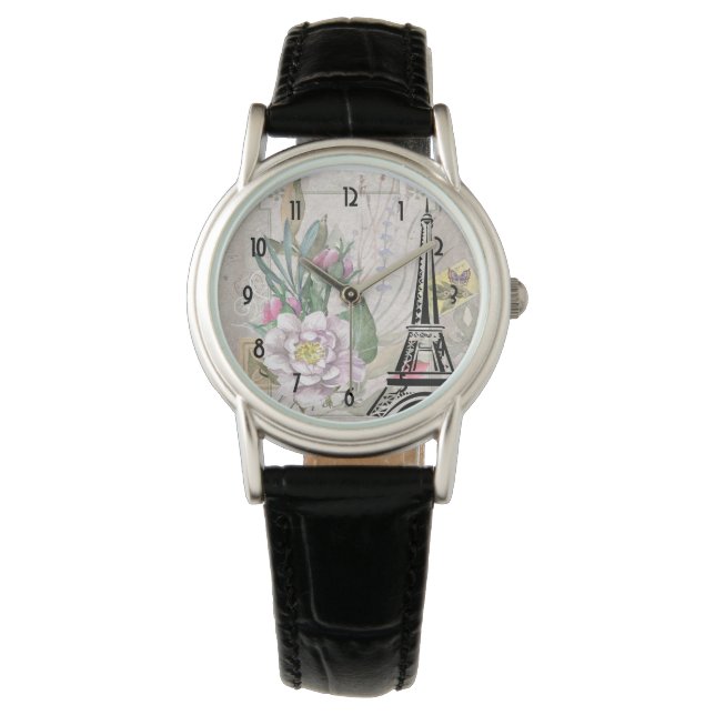 Vintage Flower Collage & Eiffel Tower Illustration Watch (Front)