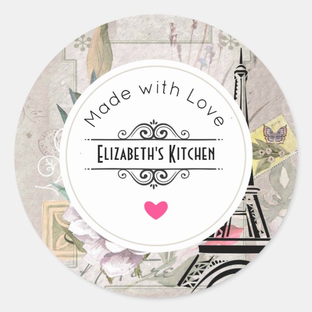Vintage Flower Collage & Eiffel Tower Kitchen Classic Round Sticker (Front)