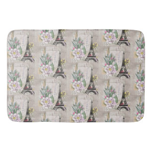 Vintage Flower Collage & Eiffel Tower Pattern Bath Mat