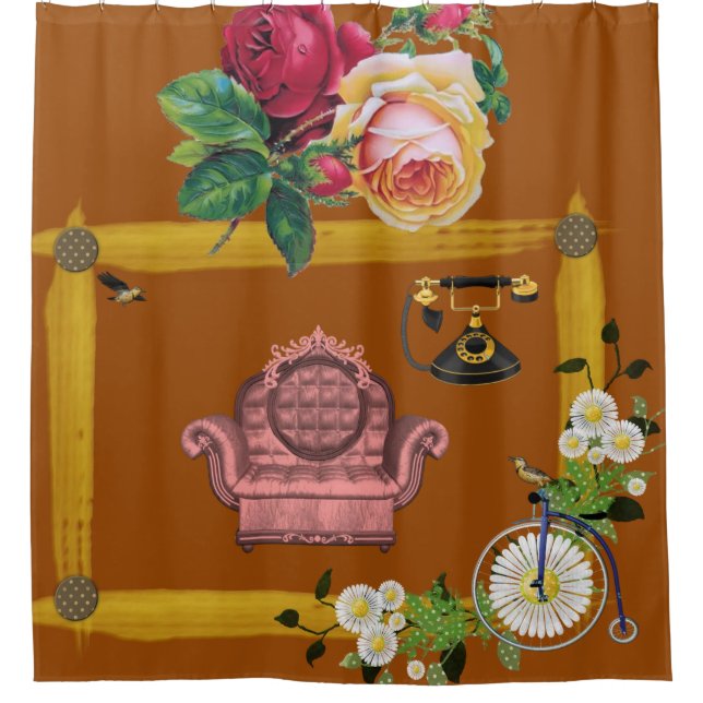 vintage flower couch orange shower curtain (Front)