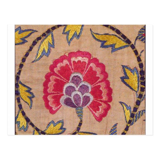 Vintage Flower Embroidery Woven Textile Pink Linen Postcard