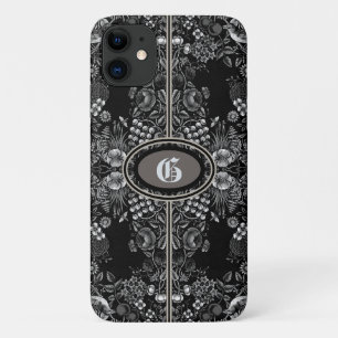 Vintage Flower Garden Black & White Monogrammed iPhone 11 Case