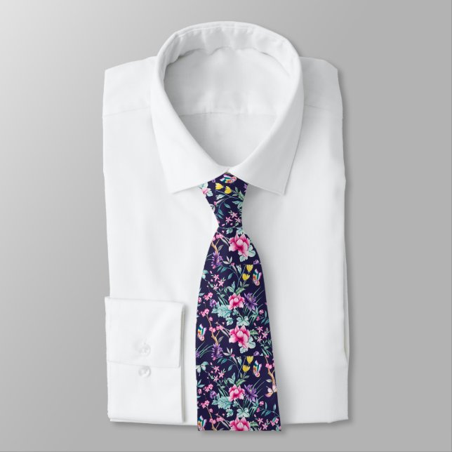 Vintage Flower Garden Rainbow Butterfly Blue Tie (Tied)