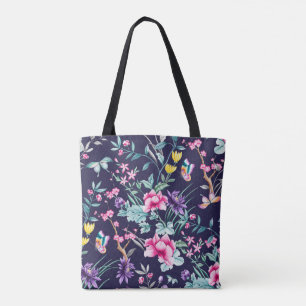 Vintage Flower Garden Rainbow Butterfly Blue Tote Bag