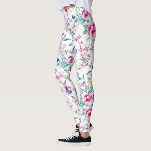Vintage Flower Garden Rainbow Butterfly white Leggings (Left)