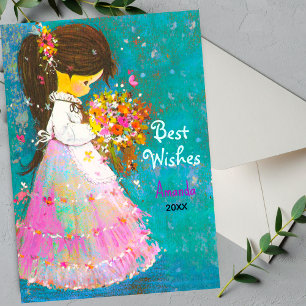 Vintage flower girl Christmas new year greeting  Holiday Card