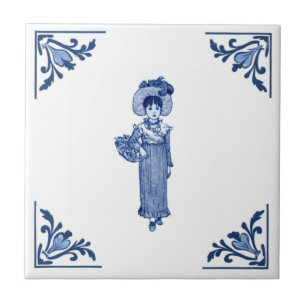 Vintage Flower Girl Delft Corner Blue and White Tile