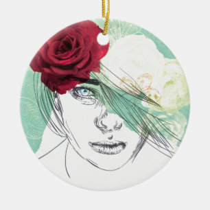 Vintage flower girl illustration ceramic tree decoration
