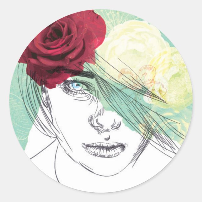 Vintage flower girl illustration classic round sticker (Front)