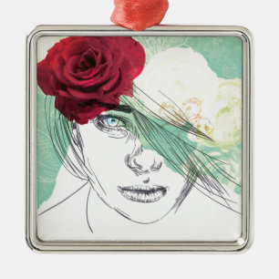 Vintage flower girl illustration metal tree decoration