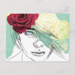 Vintage flower girl illustration postcard