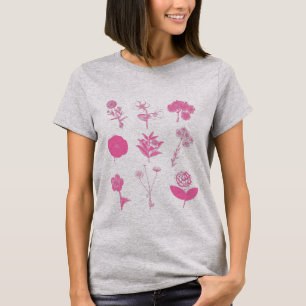Vintage Flower Illustration Collage in Pink T-Shirt