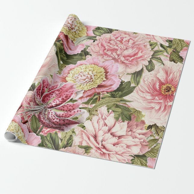 Vintage Flower Peony + Lily Pattern Illustration Wrapping Paper (Unrolled)
