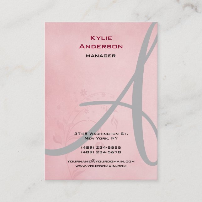 Vintage Flower Pink Grey Calligraphy Monogram Business Card (Front)