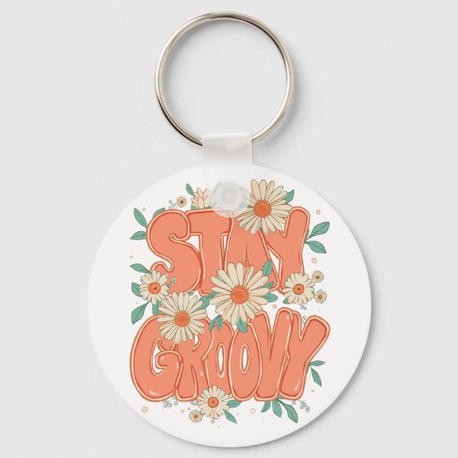 Vintage Flower Power and Daisy Graphic Key Ring (Front)