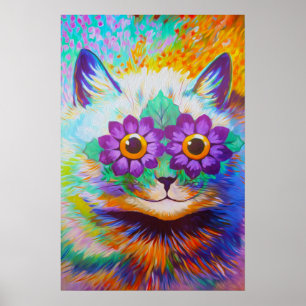 Vintage Flower Power Cat Art Poster