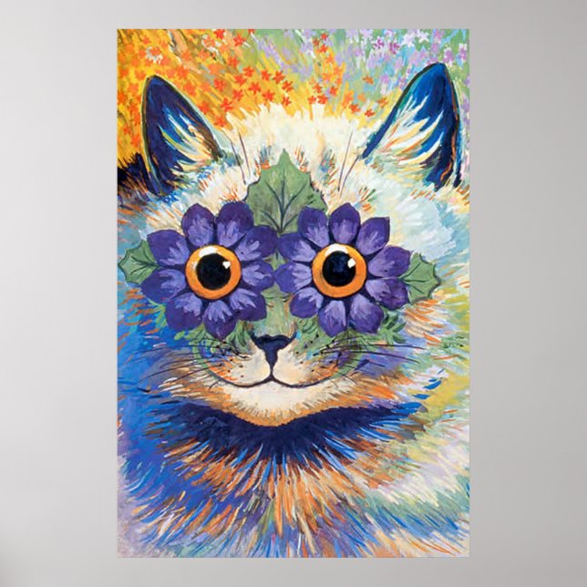 Vintage Flower Power Cat Art Poster Print (Front)