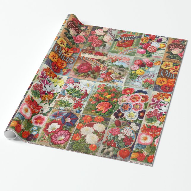 Vintage Flower Seed Packets Collage Gift Wrap (Unrolled)
