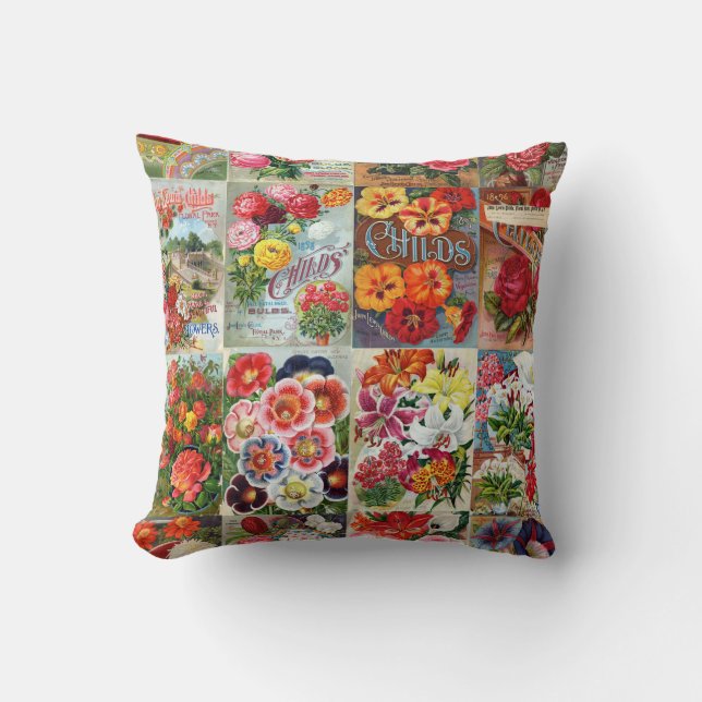 Vintage Flower Seed Packets Garden Collage Cushion (Front)