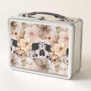 VINTAGE FLOWER SKULL METAL LUNCH BOX