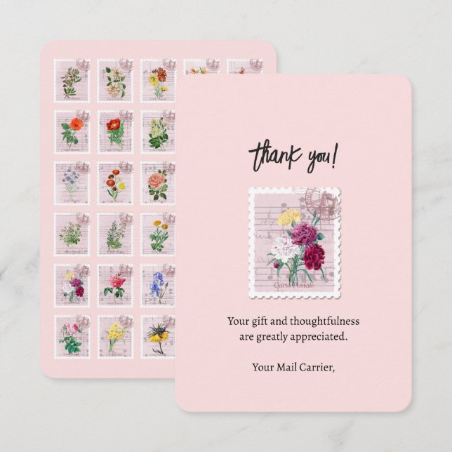 Vintage Flower Stamp Mail Carrier Thank You Card (Front/Back)