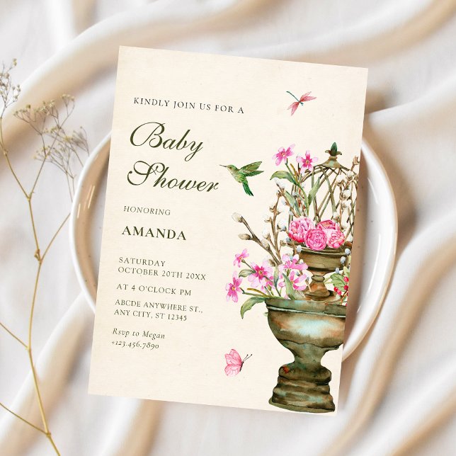 Vintage flower vase bouquet garden baby shower invitation (Creator Uploaded)