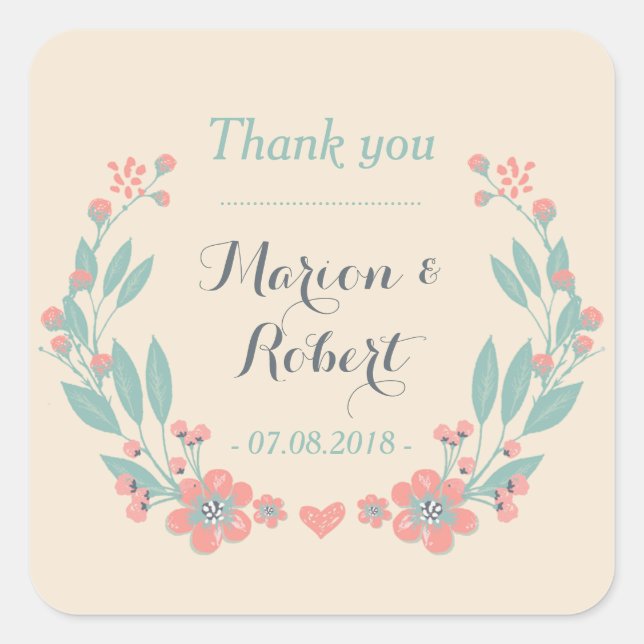 Vintage Flower Wreath Wedding Thank You Sticker (Front)
