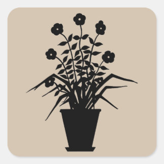 Vintage Flowering Plant Silhouette Dark Vanilla Square Sticker