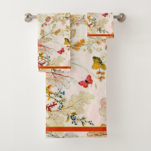 Vintage flowers and butterflies bath towel set (Insitu)