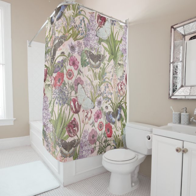 Vintage Flowers and Butterflies Collage Shower Curtain (In Situ)