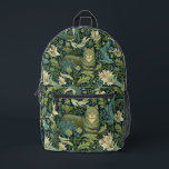 Vintage flowers and cats pattern monogram printed backpack<br><div class="desc">Antique green and white vintage flowers and cats in a seamless pattern. Optional monogram.</div>
