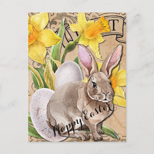 Vintage Flowers and Rabbit Easter Postcard (Front)