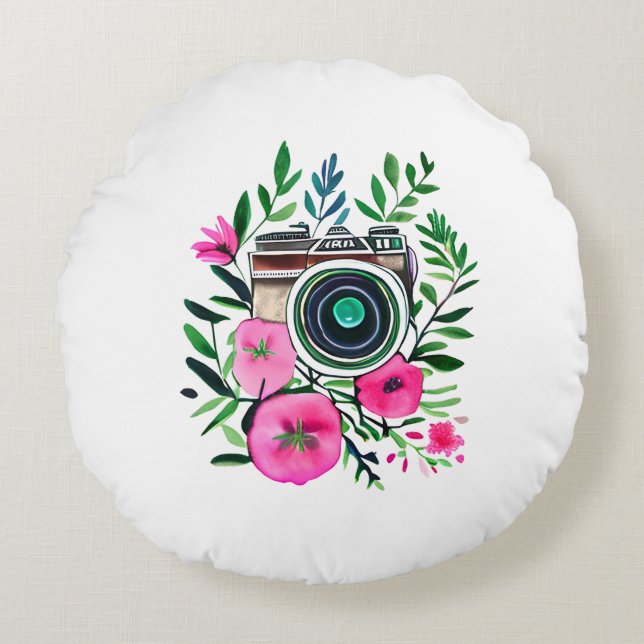 Vintage Flowers and Retro Camera Personalised Round Cushion (Front)