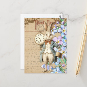 Vintage Flowers and White Rabbit Collage Postcard