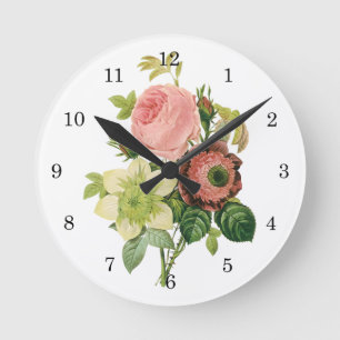 Vintage Flowers, Anemone Roses Clematis by Redoute Round Clock