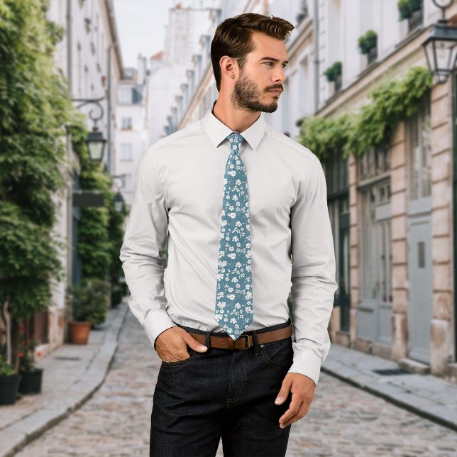 Vintage Flowers Antique Blue Personalise Initial Tie (Creator Uploaded)