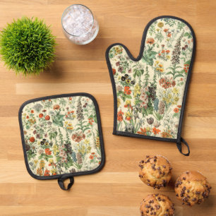 Vintage Flowers Antique Botanical Floral Oven Mitt & Pot Holder Set