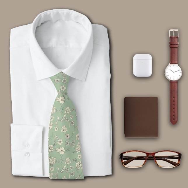 Vintage Flowers Antique Green Personalise Initial Tie (Creator Uploaded)