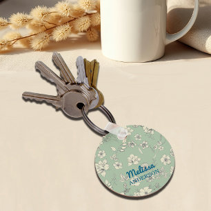 Vintage Flowers Antique Green Personalise Name Key Ring