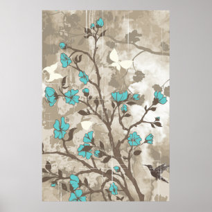 Vintage flowers aqua taupe floral grunge custom poster