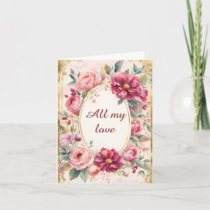 Vintage Flowers Around a Gold Frame Valentine Holiday Card