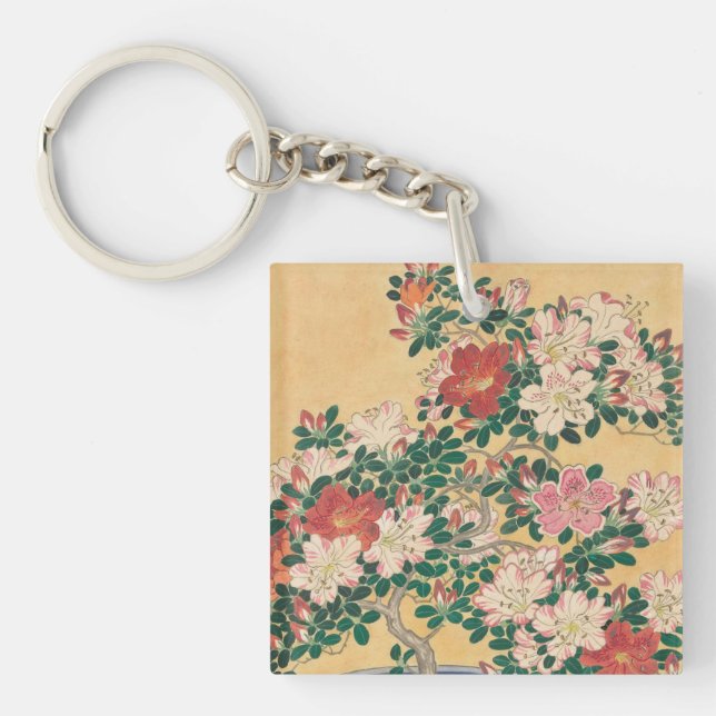 Vintage Flowers Azalea Japanese Painting Key Ring (Front)