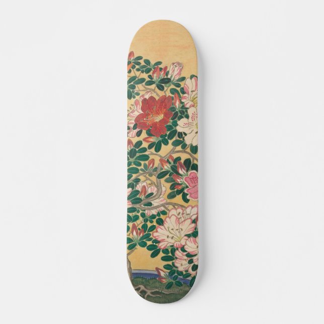 Vintage Flowers Azalea Japanese Painting Skateboard (Front)