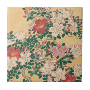 Vintage Flowers Azalea Japanese Painting Tile