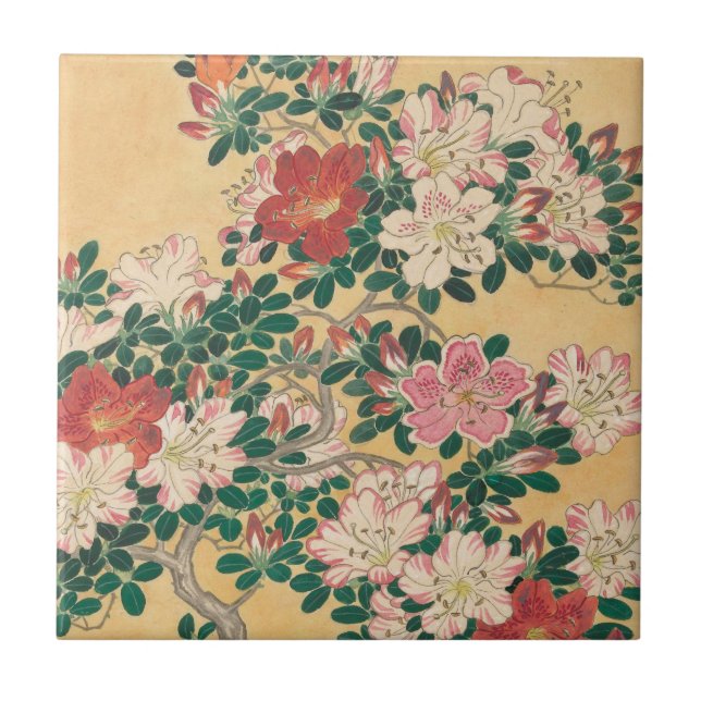 Vintage Flowers Azalea Japanese Painting Tile (Front)