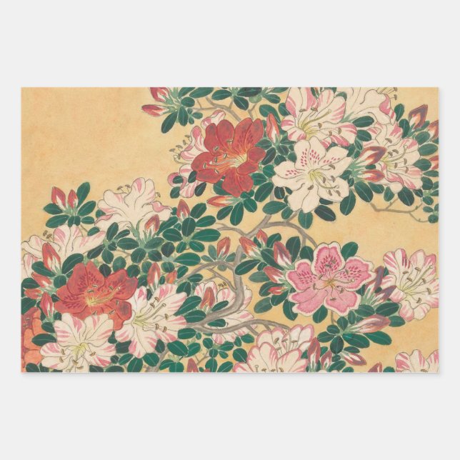 Vintage Flowers Azalea Japanese Painting Wrapping Paper Sheet (Front)