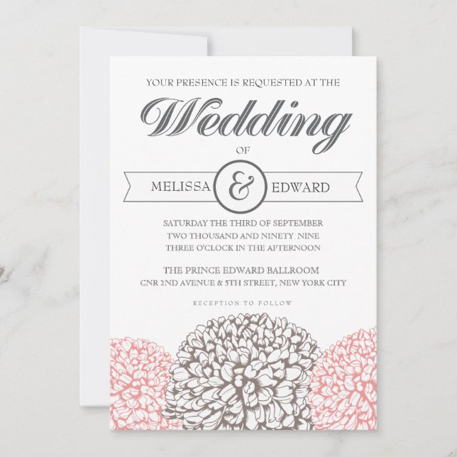 Vintage Flowers Beige + Pink Wedding Invitation (Front)