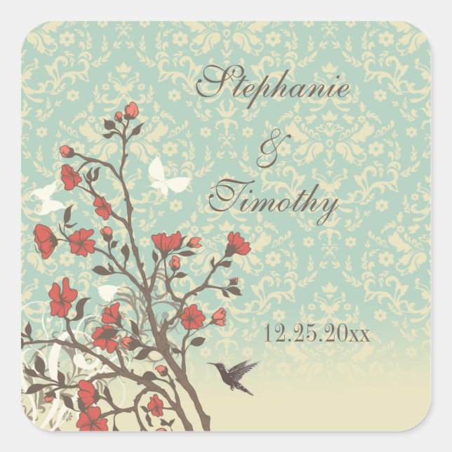 Vintage flowers bird + damask wedding stickers (Front)