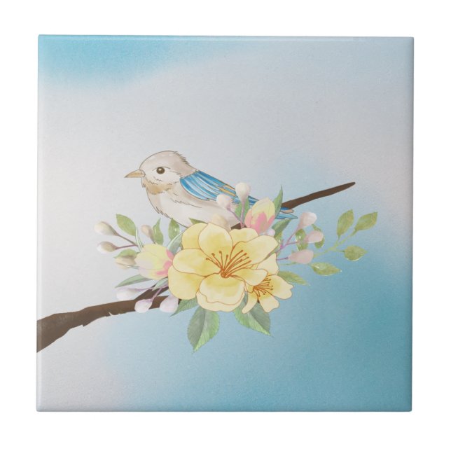 Vintage Flowers & Birds Light Blue Ceramic Tile (Front)
